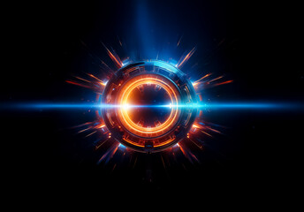 Leinwandbilder - A futuristic, glowing orb emitting vibrant blue and orange light bursts from a central point. Circular and technological design against a dark background.