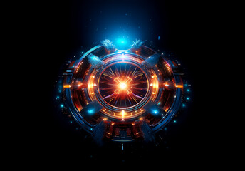 Leinwandbilder - Futuristic glowing orb with intricate metallic details. Blue and orange lights emanate from the circular technology structure against a dark backdrop.