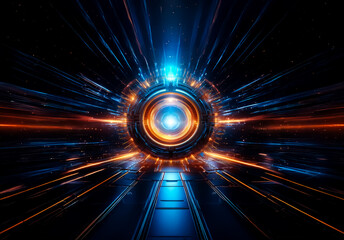 Fototapete - Futuristic, glowing portal with radiating blue and orange energy lines against a dark backdrop.  Geometric shapes and vibrant light create a sense of speed and technological advancement.