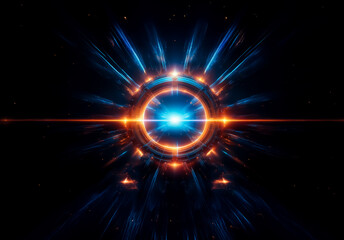 Poster - A vibrant cosmic energy core pulsates with radiating light.  Blue and orange rays burst outwards from a central glowing sphere, creating a dynamic and futuristic abstract design against a dark backdro