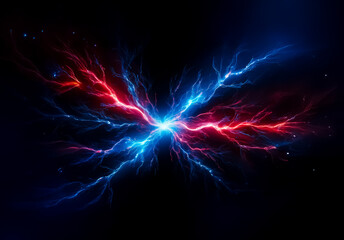 Poster - Vivid red and blue lightning strikes collide against a dark backdrop, creating a dynamic display of energy and power. Electric currents branch out in a dramatic and abstract composition.