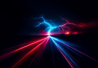 Poster - A dramatic night scene with vibrant blue and red lightning illuminating the dark sky and ground, accented by streaks of light.