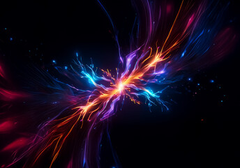 Aufkleber - Abstract vibrant energy bursts forth with dynamic flowing lines in vivid hues of orange, blue, purple, and red, illuminating the dark backdrop with a central glowing point.
