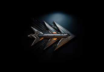 Fototapete - Futuristic metallic arrow points right on a dark backdrop. Chrome and orange accents add a dynamic and modern feel to the sleek, sharp-edged design.