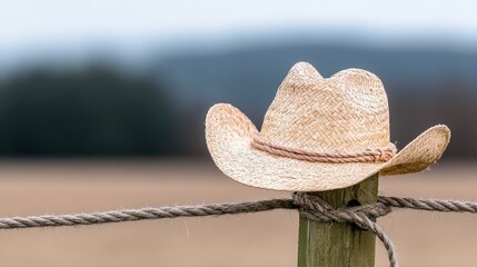 Straw cowboy hat on fence post in rustic countryside setting