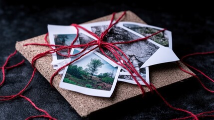 Nostalgic collection of printed photos tied with red twine on dark surface