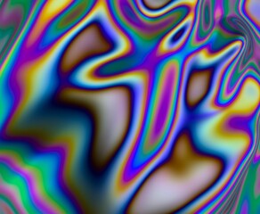 Poster - 3D illustration depicting a fluid, organic surface with shimmering colors. The refraction of light creates a mesmerizing mix of neon blues, greens, yellows and purples.