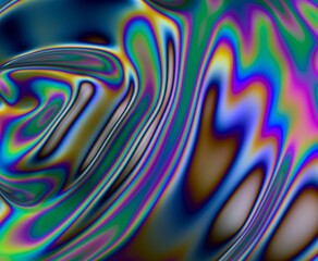 Poster - 3D illustration depicting a fluid, organic surface with shimmering colors. The refraction of light creates a mesmerizing mix of neon blues, greens, yellows and purples.