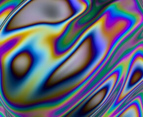 Poster - 3D illustration depicting a fluid, organic surface with shimmering colors. The refraction of light creates a mesmerizing mix of neon blues, greens, yellows and purples.