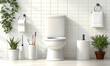 © RM Graphics - White ceramic toilet accompanied by essential bathroom accessories, including toilet paper and a brush, in a home interior setting