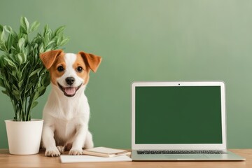 Cute dog sits beside a laptop with a green mockup screen in a cozy indoor setting