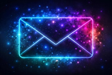 Wall Mural - neon envelope icon reflecting cosmic patterns on dark background