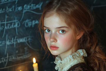 Wall Mural - A timeless educational setting as a girl in antique attire contemplates the chalkboardâ€™s secrets,