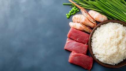 Sticker - Assorted ingredients arranged for a dish, featuring cooked white rice, grilled shrimp, and tuna slices, with fresh green herbs and peas on a dark