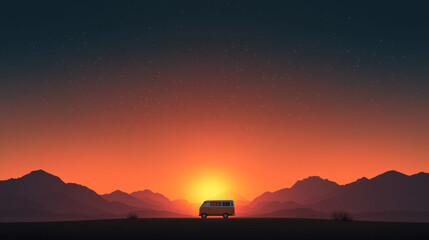 Wall Mural - A nostalgic road trip moment: an old van winding toward a radiant sun dropping behind mountains,