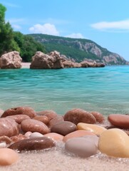 Wall Mural - Serene beach with smooth stones and crystal clear water in a tranquil coastal landscape