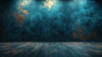 Wall Mural - Dark teal textured wall, wooden floor, spotlight background.  Product display