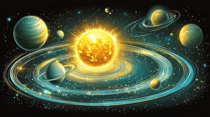 Wall Mural - Celestial dance planets orbiting the sun outer space digital art cosmic environment vibrant viewpoint