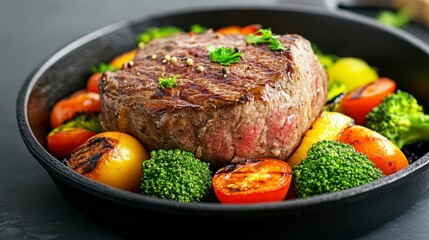 Wall Mural - A cooked steak rests on a bed of roasted vegetables in a cast iron skillet. The vegetables include colorful cherry tomatoes, broccoli florets, and