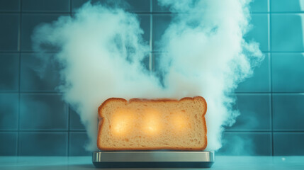 Wall Mural - An action shot showing a toaster ejecting perfectly browned bread, gentle clouds of steam adding