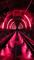 Poster - Futuristic tunnel design illuminated by glowing red neon lights and sleek metallic reflections