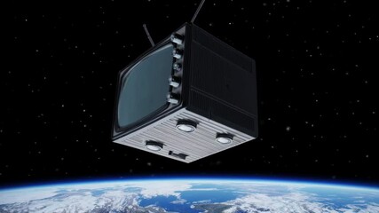 Wall Mural - old-fashioned television set with an antenna floating in space displays a clear image of earth, high