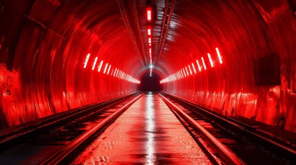 Poster - Futuristic tunnel with glowing red neon lights and reflective metallic surfaces in sci fi ambiance