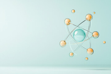 Leinwandbilder - A transparent, glass-like atom model with reflective orbits and softly glowing spheres hovering at