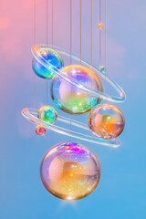 Aufkleber - A shimmering, holographic orb arrangement illustrating an atomâ€™s orbits in transparent arcs,