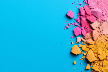 Aufkleber - A vivid close-up composition of crushed makeup powders in bright blue, fiery red, soft pink, and
