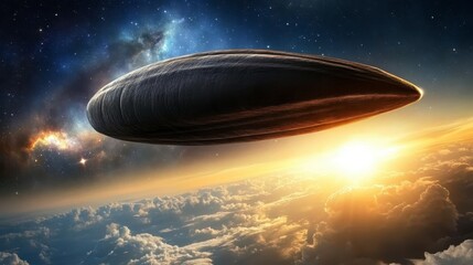 Poster - A large, dark gray, oval shaped object, resembling a spacecraft or unidentified flying object, hovers above a sunrise over clouds and a starry night