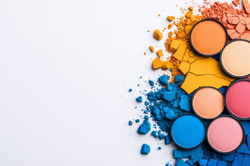 Aufkleber - A partial overhead frame featuring broken makeup pans revealing their powders in bright blues,