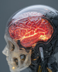 Leinwandbilder - An ultra-modern android figure standing still as a dynamic red brain glows beneath a clear skull