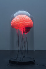 Aufkleber - A dark, moody setting showcasing a synthetic figureâ€™s bright red brain through a clear dome, a