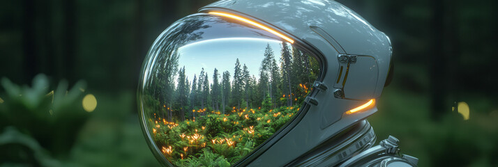 Aufkleber - A reflective astronaut visor displaying a tranquil forest panorama, contrasted with the