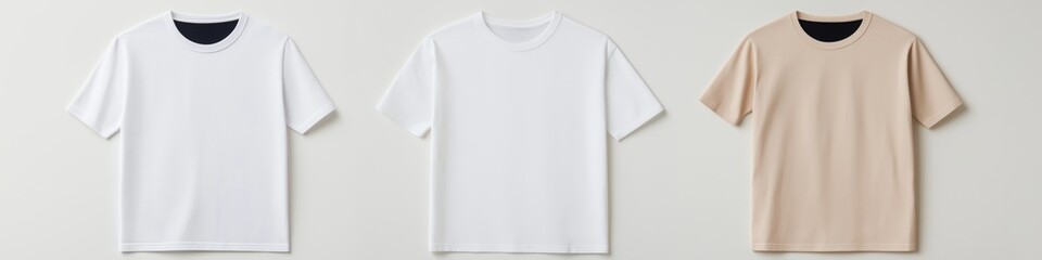 Three white t-shirts are displayed side by side. The shirts are all the same color and have no designs or patterns. The shirts are neatly folded and appear to be new