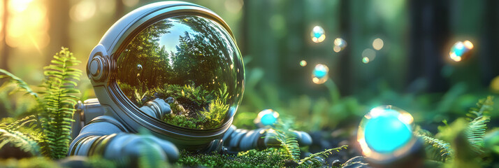 Aufkleber - A reflective astronaut helmet capturing a vibrant forest canopy, symbolizing hope and environmental