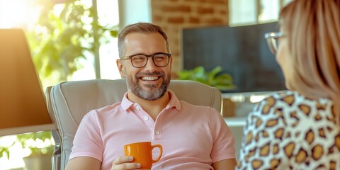 Wall Mural - Man enjoying a coffee and smiling during a conversation in a cosy home office