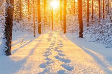 Wall Mural - In a snowy forest during winter, the sun shines through trees dusted with snow