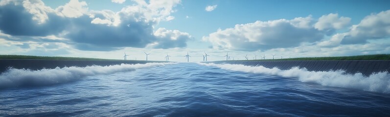 vast ocean waves under a bright sky with scattered clouds and distant wind turbines.
