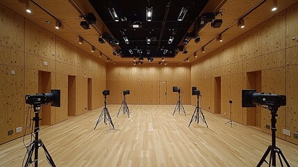 Wall Mural - Empty recording studio, wood walls, lighting setup, performance space, music production