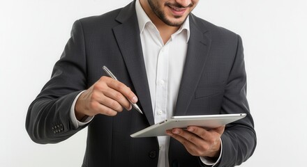 Young successful employee IT business man corporate lawyer wears classic formal shirt tie work in office hold use digital tablet pc computer isolated on plain pastel blue background studio portrait