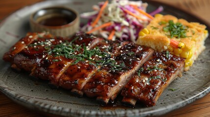 Wall Mural - A plate of BBQ ribs with smoky sauce, coleslaw, and cornbread, rustic lighting