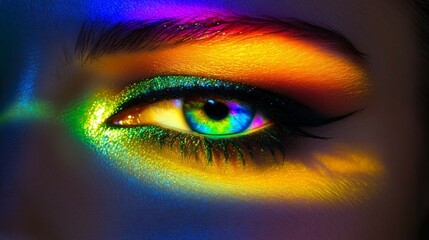 Wall Mural - Close-up of a woman's eye with vibrant makeup and colorful light