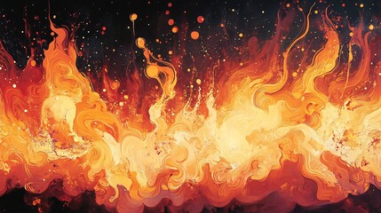 Sticker - Fiery orange and yellow flames dance dynamically across dark background creating intense heat ambiance. AI Generated