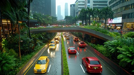 Wall Mural - Climate change and flooding: Extreme weather and urban impact. Urban street scene with cars and lush greenery in rainy weather.