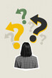 © deagreez - Poster image vertical photo collage of anonym businesswoman stand back question mark arrow concept development brainstorm