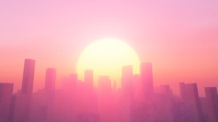 Aufkleber - Sunset over a city skyline, bathed in soft pink hues, creating a serene atmosphere.
