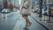 © adha - Elegant woman in fur coat crossing a wet city street with cars blurred