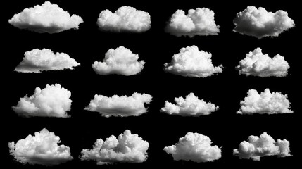 Wall Mural - assorted fluffy white clouds against black background in various shapes and sizes